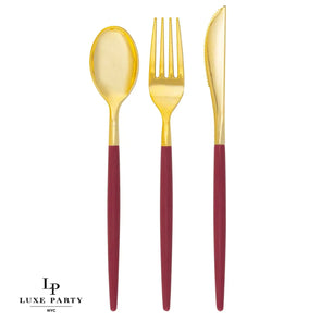 Cranberry • Gold Plastic Cutlery Set | 32 Pieces