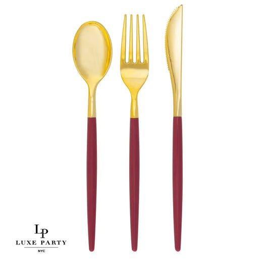 Cranberry • Gold Plastic Cutlery Set | 32 Pieces