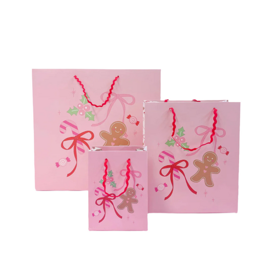 Pink Christmas Gingerbread Bows Gift Bag: Large