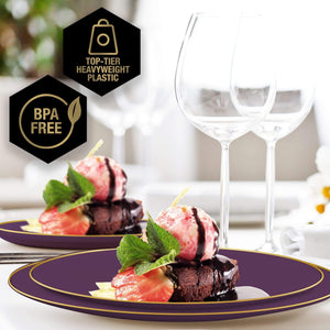 Round Purple • Gold Plastic Plates | 10 Pack