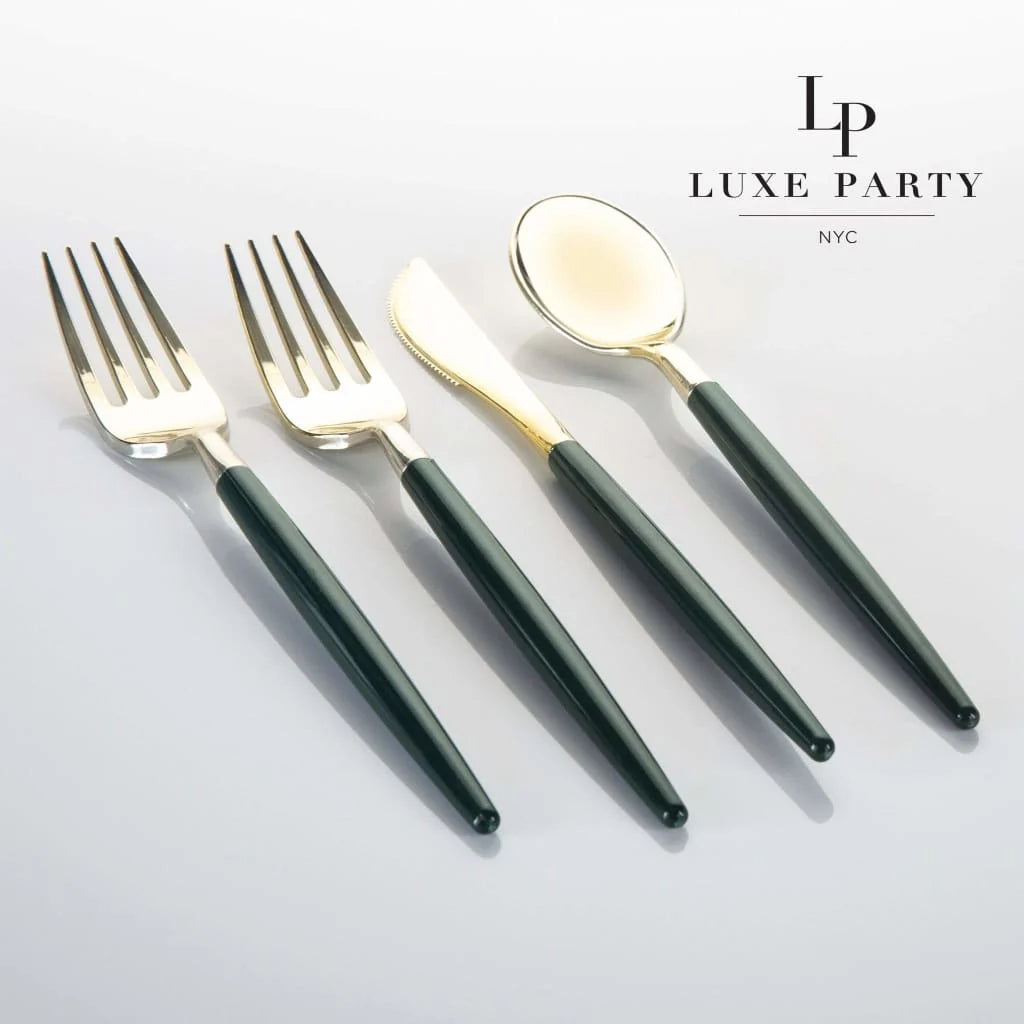 Emerald • Gold Plastic Cutlery Set | 32 Pieces