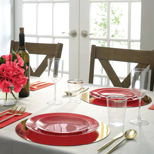 Red • Gold Round Plastic Plates | 10 Pack: 10 Plastic Plates, 10.25" Dinner Plates