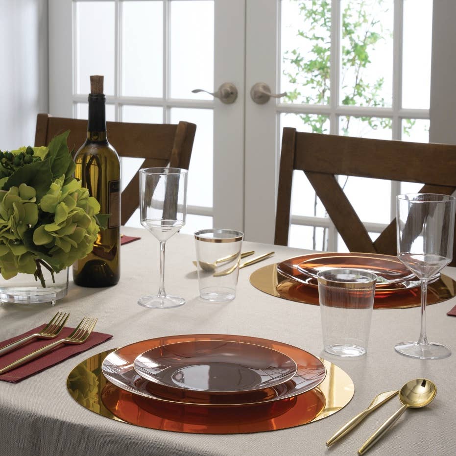 Round Transparent Mocha • Gold Plastic Plates | 10 Pack: 10.25" Dinner Plates