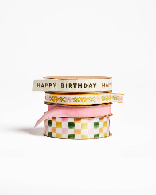 Happy Birthday Cream Grosgrain Ribbon with Gold Foil