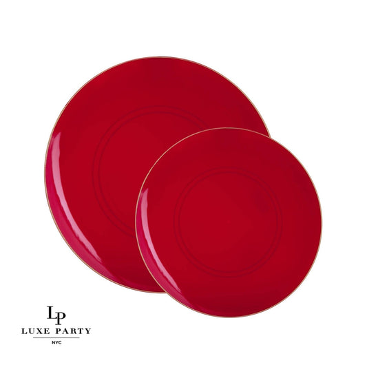 Red • Gold Round Plastic Plates | 10 Pack: 10 Plastic Plates, 10.25" Dinner Plates