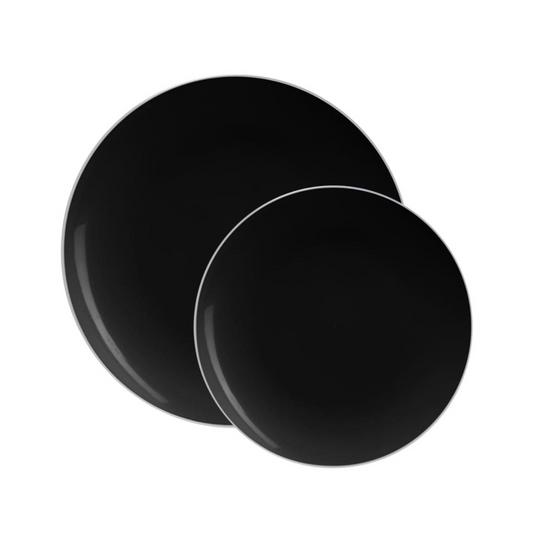 Black & Silver 7.5” Round Plastic Plates | 10 Pack