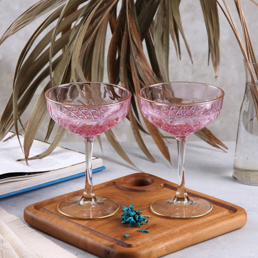 Colored Art Deco Cocktail Glasses, Gold Rimmed Vintage Coupe