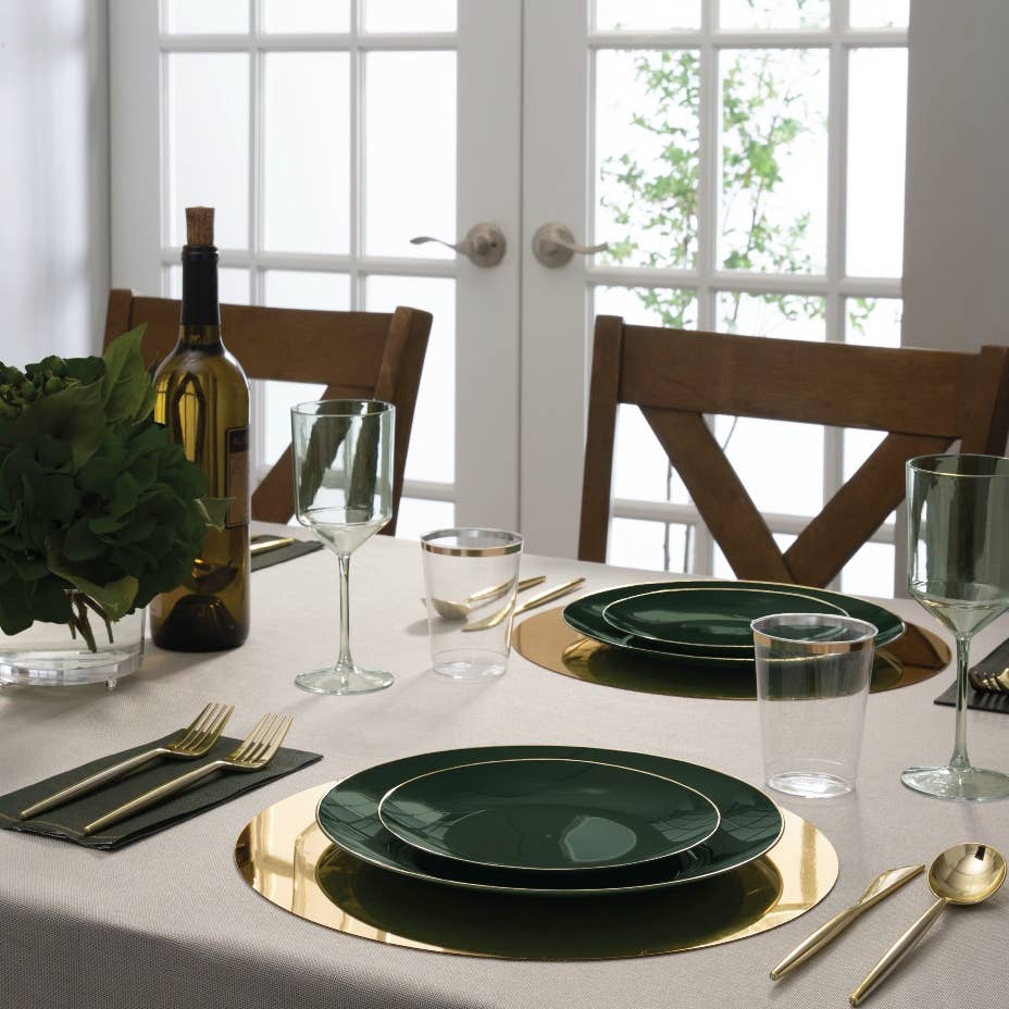 Round Emerald • Gold Plastic Plates | 10 Pack: 7.25" Appetizer Plates