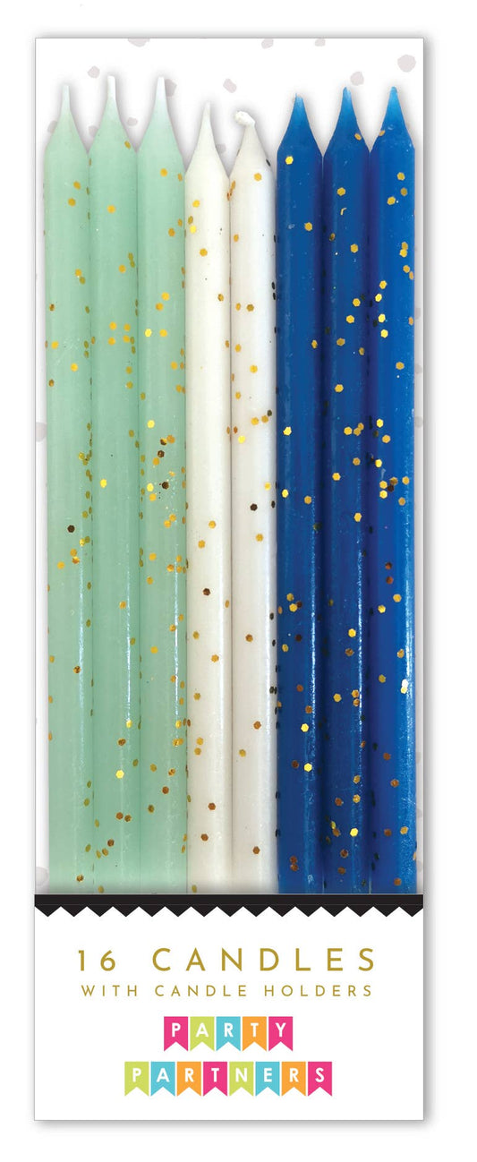 Blue Tones Gold Glitter 16 Candle Set