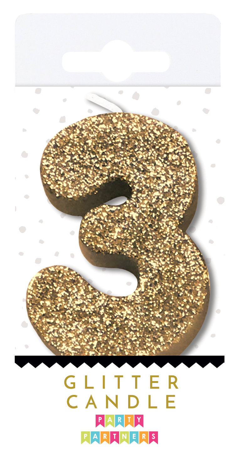 3 Glitter Number Candle Gold